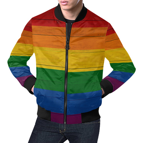 Rainbow Flag Colored Stripes Wood All Over Print Bomber Jacket for Men (Model H19)
