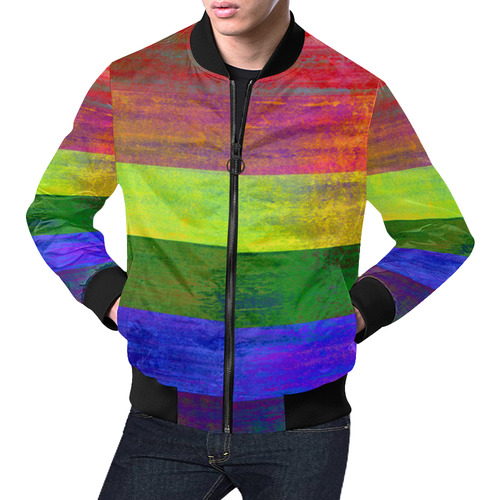 Rainbow Flag Colored Stripes Dark Grunge All Over Print Bomber Jacket for Men (Model H19)