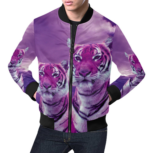 Purple Tiger All Over Print Bomber Jacket for Men (Model H19)