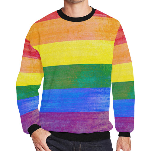 Rainbow Flag Colored Stripes Grunge Men's Oversized Fleece Crew Sweatshirt/Large Size(Model H18)