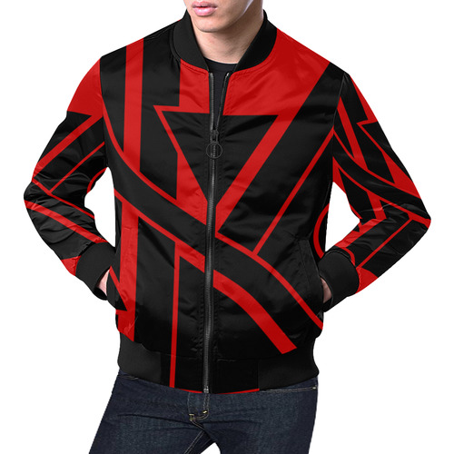 Black Geometric Art Stripes Triangles Dots All Over Print Bomber Jacket for Men (Model H19)