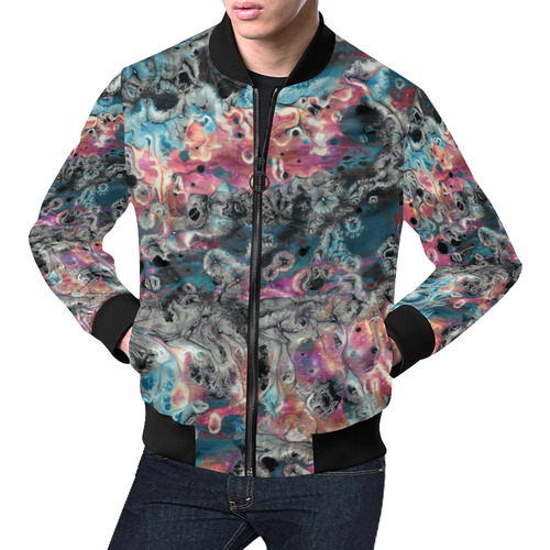 Acryl Paint Flowing Brushe Strokes Cyan Salmon Bla All Over Print Bomber Jacket for Men (Model H19)