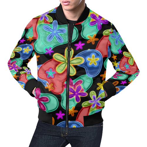 Colorful Retro Flowers Fractalius Pattern All Over Print Bomber Jacket for Men (Model H19)