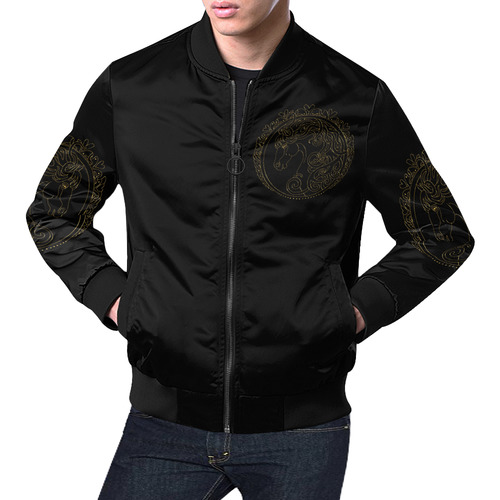 I Love Horses Contour Antique Gold All Over Print Bomber Jacket for Men (Model H19)