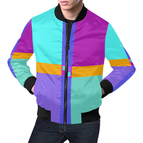 Colored Squares checkered Stripes Cross All Over Print Bomber Jacket for Men (Model H19)