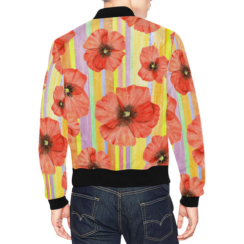 Watercolor STRIPES red POPPIES Blossoms All Over Print Bomber Jacket for Men (Model H19)