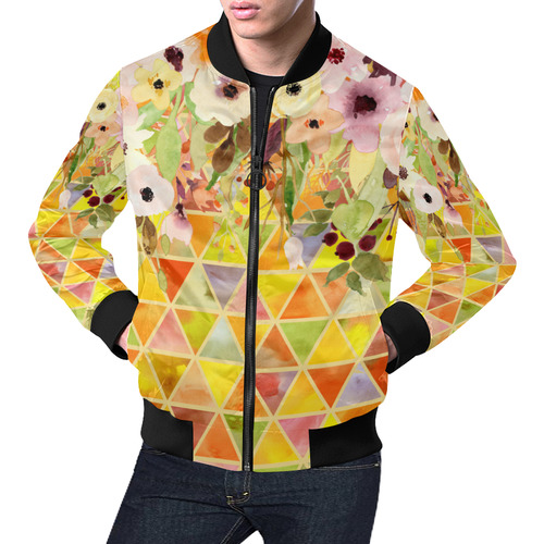 Watercolor Flowers Triangles Orange Yellow Green All Over Print Bomber Jacket for Men (Model H19)