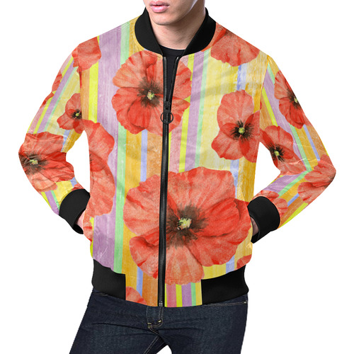 Watercolor STRIPES red POPPIES Blossoms All Over Print Bomber Jacket for Men (Model H19)