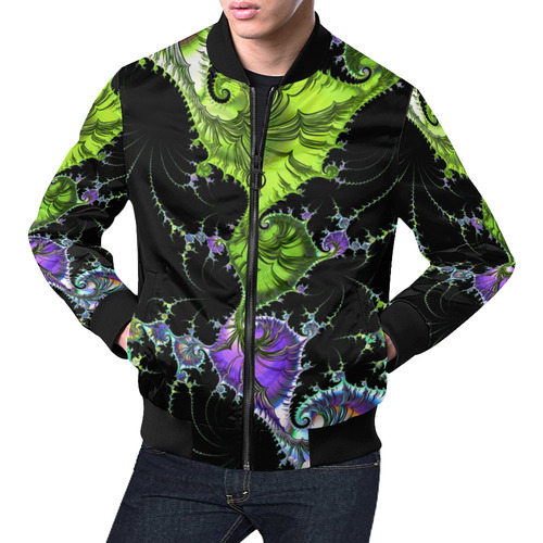 SPIRAL Filigree FRACTAL black green violet All Over Print Bomber Jacket for Men (Model H19)