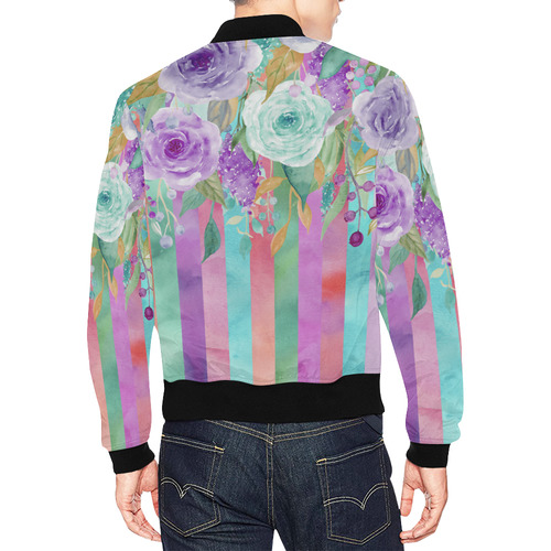 Watercolor Flowers Stripes Cyan Purple Orange All Over Print Bomber Jacket for Men (Model H19)