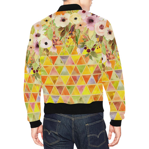 Watercolor Flowers Triangles Orange Yellow Green All Over Print Bomber Jacket for Men (Model H19)