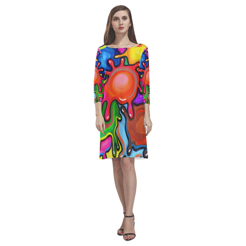 Vibrant Abstract Paint Splats Rhea Loose Round Neck Dress(Model D22)
