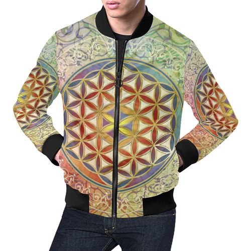 FLOWER OF LIFE vintage ornaments green red All Over Print Bomber Jacket for Men (Model H19)