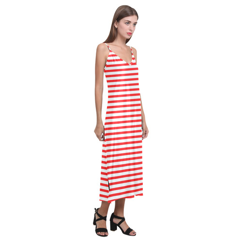 Horizontal Red Candy Stripes V-Neck Open Fork Long Dress(Model D18)