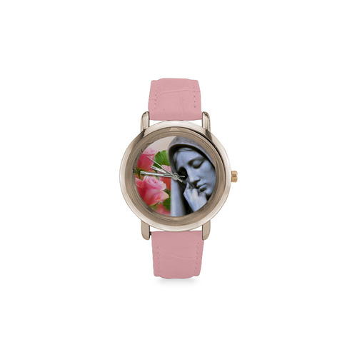 Our Lady of Sorrows with roses - catholic art Women's Rose Gold Leather Strap Watch(Model 201)