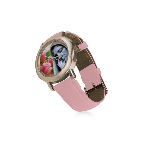 Our Lady of Sorrows with roses - catholic art Women's Rose Gold Leather Strap Watch(Model 201)