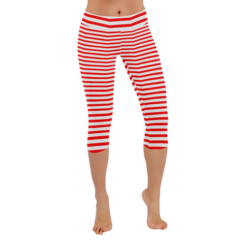 Horizontal Red Candy Stripes Women's Low Rise Capri Leggings (Invisible Stitch) (Model L08)