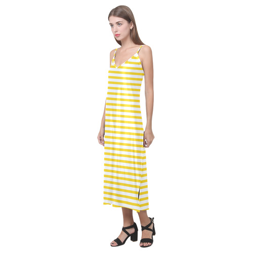 Horizontal Yellow Candy Stripes V-Neck Open Fork Long Dress(Model D18)