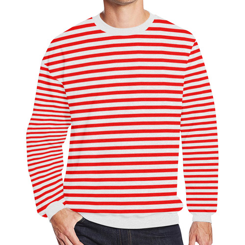 Horizontal Red Candy Stripes Men's Oversized Fleece Crew Sweatshirt/Large Size(Model H18)