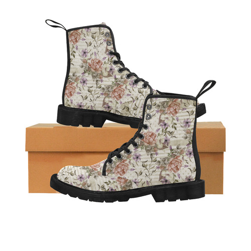 Watercolor Vintage Roses Ribbon Pattern 03 Martin Boots for Women (Black) (Model 1203H)