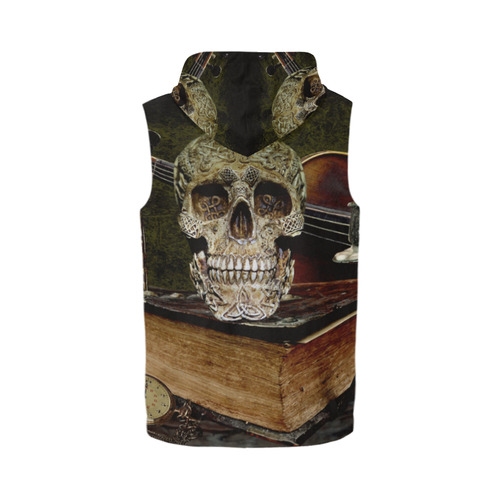 Funny Skull and Book All Over Print Sleeveless Zip Up Hoodie for Men (Model H16)