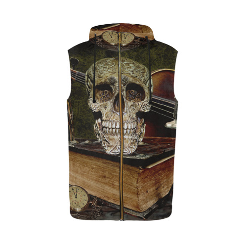 Funny Skull and Book All Over Print Sleeveless Zip Up Hoodie for Men (Model H16)