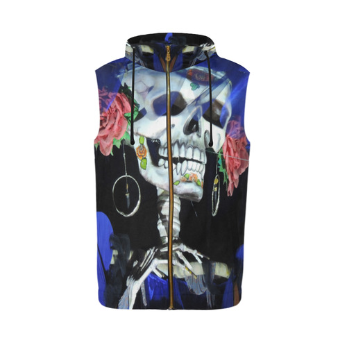 Sugar Skull and Roses All Over Print Sleeveless Zip Up Hoodie for Men (Model H16)