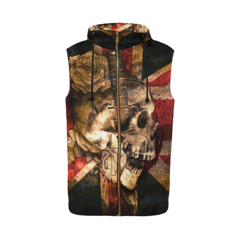 Grunge Skull and British Flag All Over Print Sleeveless Zip Up Hoodie for Men (Model H16)
