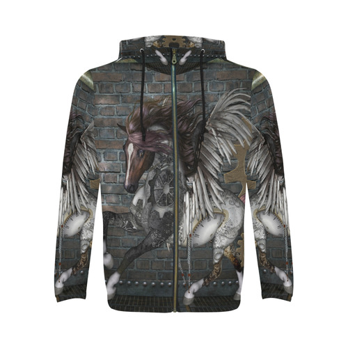 Steampunk, awesome steampunk horse with wings All Over Print Full Zip Hoodie for Men (Model H14)