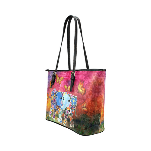 Dancing Elephants Large Leather Tote Bag (Model 1651) Leather Tote Bag/Large (Model 1651)