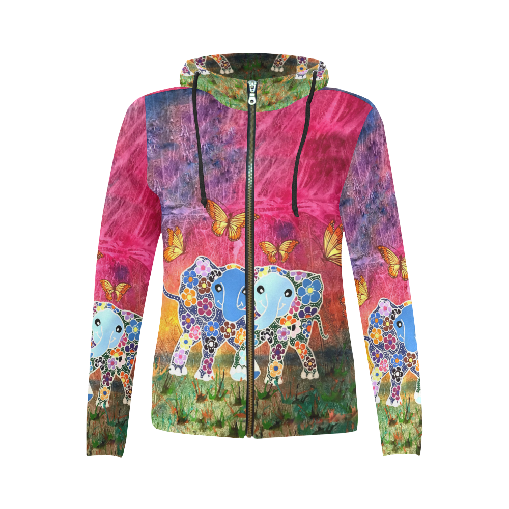 Dancing Elephants Women's Zip Hoodie All Over Print Full Zip Hoodie for