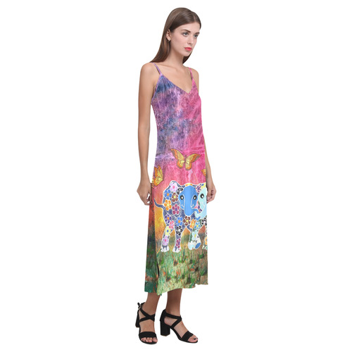 Dancing Elephants V-Neck Open Fork Long Dress V-Neck Open Fork Long Dress(Model D18)