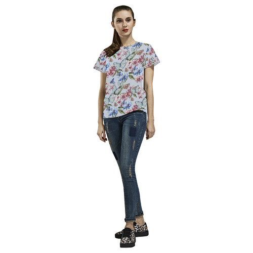 Watercolor Flowers Butterflies Pattern blue red All Over Print T-Shirt for Women (USA Size) (Model T40)