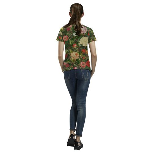 Vintage Wallpaper - Colored Roses Pattern II All Over Print T-Shirt for Women (USA Size) (Model T40)