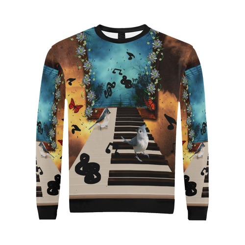 Music, birds on a piano All Over Print Crewneck Sweatshirt for Men/Large (Model H18)