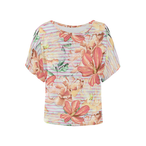 Watercolor Flowers Stripes Wallpaper 02 Women's Batwing-Sleeved Blouse T shirt (Model T44)