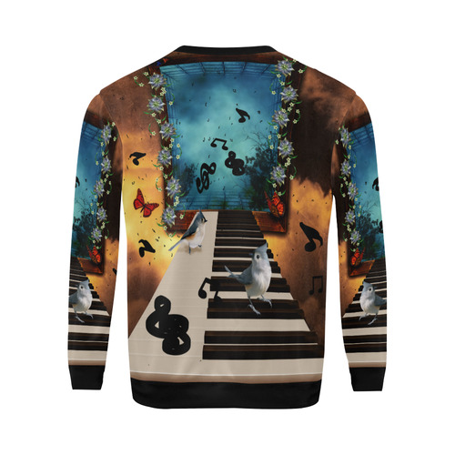 Music, birds on a piano All Over Print Crewneck Sweatshirt for Men/Large (Model H18)