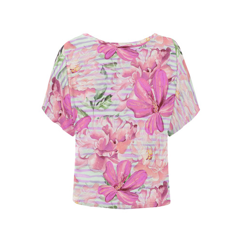 Watercolor Flowers Stripes Wallpaper 01 Women's Batwing-Sleeved Blouse T shirt (Model T44)