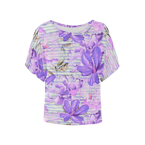 Watercolor Flowers Stripes Wallpaper 03 Women's Batwing-Sleeved Blouse T shirt (Model T44)