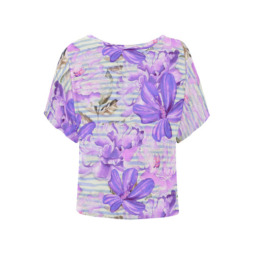 Watercolor Flowers Stripes Wallpaper 03 Women's Batwing-Sleeved Blouse T shirt (Model T44)