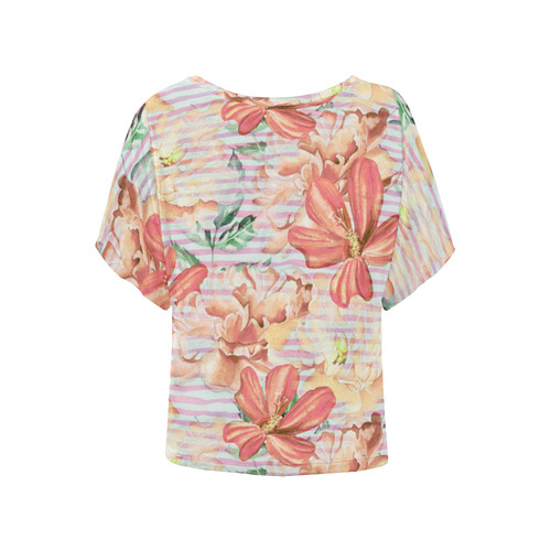 Watercolor Flowers Stripes Wallpaper 02 Women's Batwing-Sleeved Blouse T shirt (Model T44)