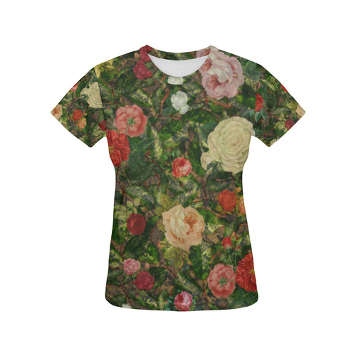 Vintage Wallpaper - Colored Roses Pattern II All Over Print T-Shirt for Women (USA Size) (Model T40)