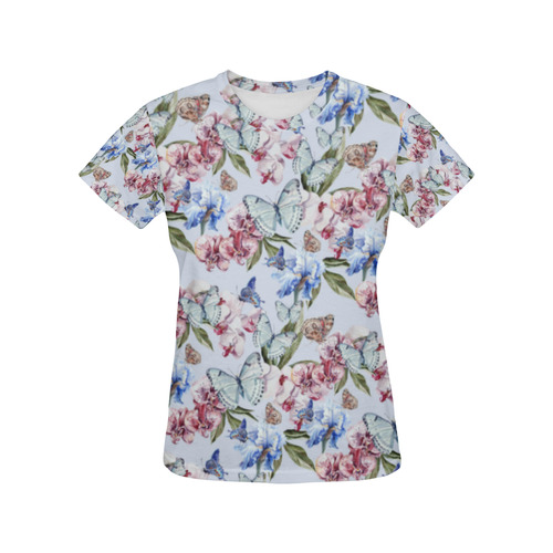 Watercolor Flowers Butterflies Pattern blue red All Over Print T-Shirt for Women (USA Size) (Model T40)