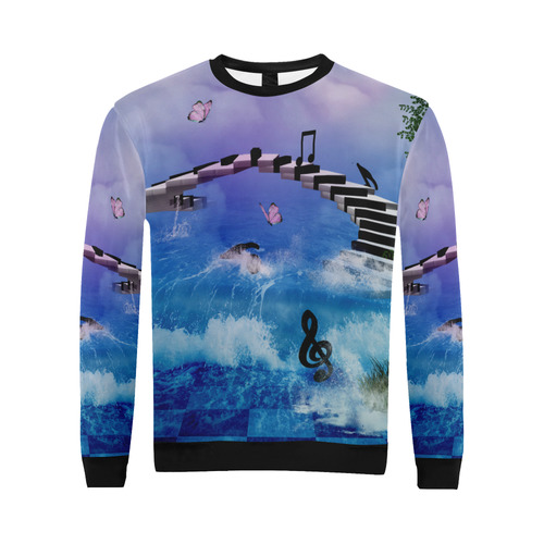Music, piano on the beach All Over Print Crewneck Sweatshirt for Men/Large (Model H18)