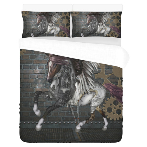 Steampunk, awesome steampunk horse with wings 3-Piece Bedding Set