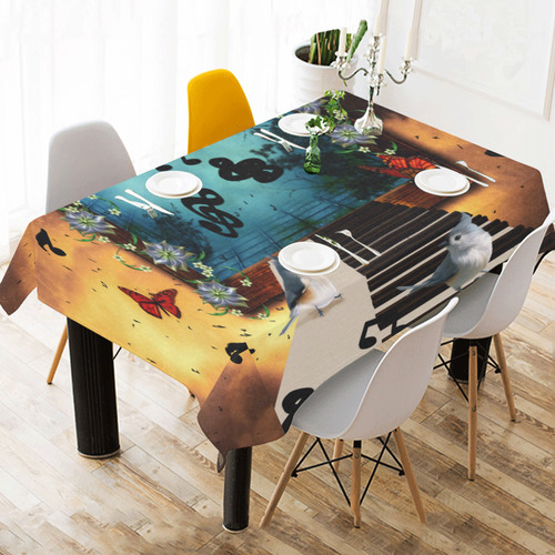 Music, birds on a piano Cotton Linen Tablecloth 60" x 90"