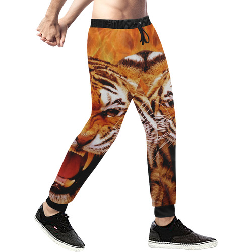 Tiger and Flame Men's All Over Print Sweatpants (Model L11)