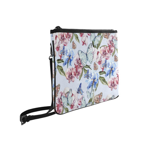 Watercolor Flowers Butterflies Pattern blue red Slim Clutch Bag (Model 1668)