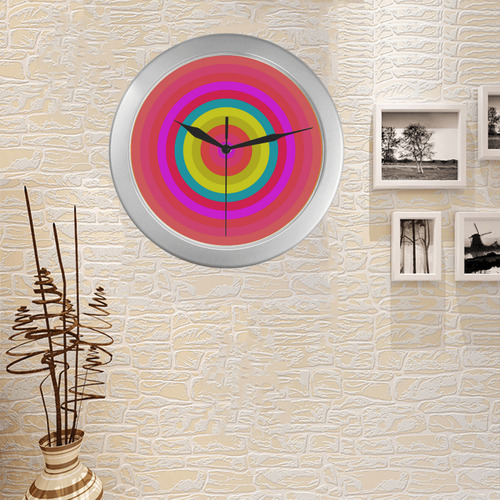 Pink Retro Radial Pattern Silver Color Wall Clock
