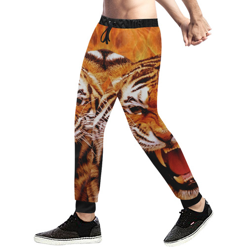 Tiger and Flame Men's All Over Print Sweatpants (Model L11)